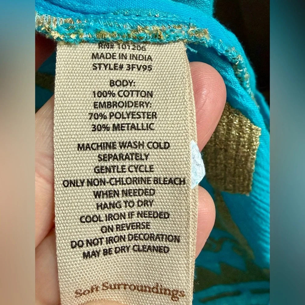 NWT Soft Surroundings Embroidered Tunic Dress Turquoise Gold Gauze Boho MP - Picture 6 of 9